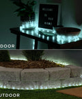 Premium LED Rope Lights 50ft Clear Rope with 5000K Cool White Glow illuminating indoor shelf and outdoor garden border