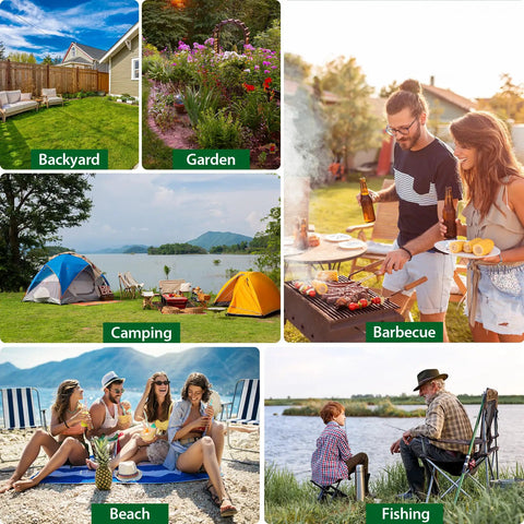 Collage of outdoor activities: backyard, garden, camping, barbecue, beach, and fishing, all potential uses for Outdoor Mosquito Repellent Incense Sticks, 120 Pack With Natural Citronella, Lemongrass And Rosemary Essential Oils, DEET Free, Pet Safe, Creates Mosquito Barrier For Backyard, Patio, Camping, Travel And Indoor Use.