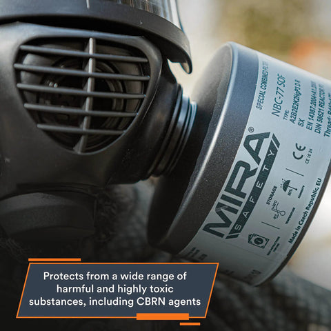 Close-up of a 40mm NATO NBC CBRN gas mask filter attached to a full face respirator, displaying vacuum-sealed packaging and branding.