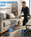 Man using Telescoping Pickup Tool With Magnetic Pole And Dual Hooks 10 Ft Extendable Reach Pole Multi Tool with strong magnets under sofa