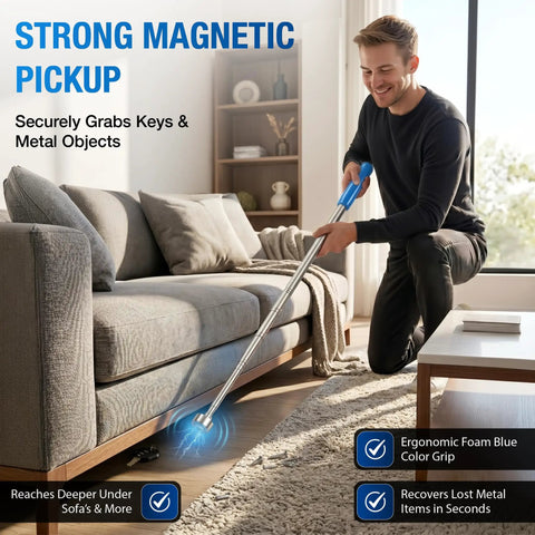 Man using Telescoping Pickup Tool With Magnetic Pole And Dual Hooks 10 Ft Extendable Reach Pole Multi Tool with strong magnets under sofa