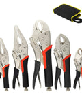 Five Pack Locking Pliers Set With Curved Jaw And Long Nose Precision Grips In 5 Inch 7 Inch 9 Inch And 10 Inch Sizes Includes Wire Cutter Screw Adjustable Locks With Trigger Release And Handy Storage Bag displayed with storage bag