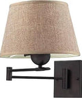 One Light Swing Arm Sconce In Aged Bronze With LED Up To 800 Lumens 60 Watt Equivalent Beige Fabric Shade Hardwired UL Listed
