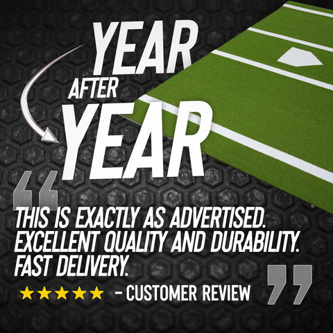 Six By Twelve Foot Batting Cage Hitting Mat With Regulation Home Plate displayed on green turf with customer review