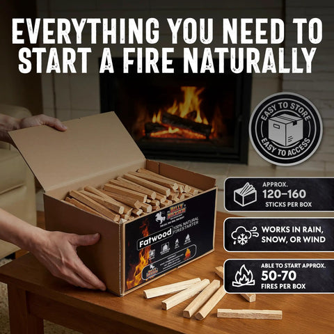 Open box of Fatwood Fire Starter Sticks 10lb for campfires and BBQs, shown with sticks on table, fireplace in background.