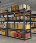 40 Inch Wide Heavy Duty Garage Shelving System With Rolled Edge Columns For Basement Pantry Storage And Workshop Organization Multipurpose Metal Shelves Sturdy Industrial Shelving Racks For Home And Office Use, loaded with boxes and barrels