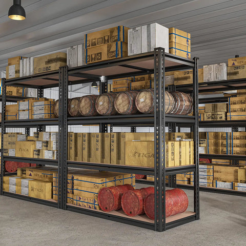 40 Inch Wide Heavy Duty Garage Shelving System With Rolled Edge Columns For Basement Pantry Storage And Workshop Organization Multipurpose Metal Shelves Sturdy Industrial Shelving Racks For Home And Office Use, loaded with boxes and barrels
