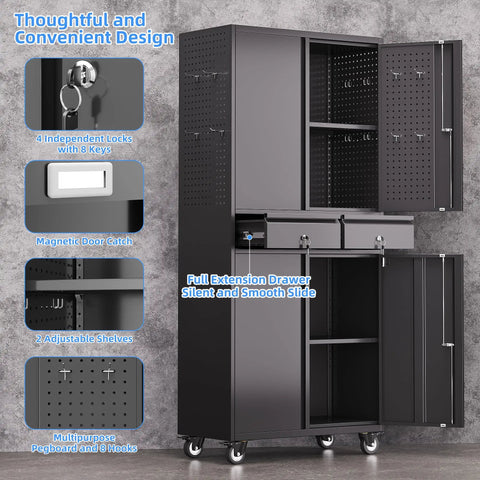 Heavy Duty Metal Garage Cabinet With Dual Drawers And Precision Glide Locking Casters Hella Rugged Rolling Tool Chest view showcasing locks, drawers, shelves.