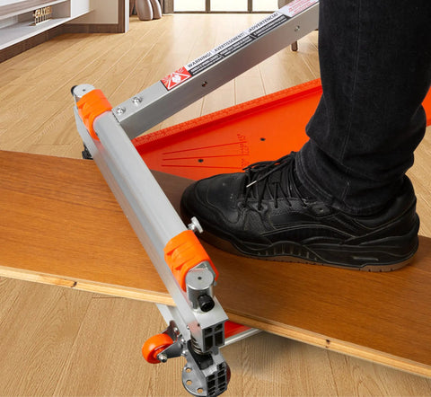 13 Inch Pro Vinyl Floor Cutter No Dust No Noise No Electricity Multi Angle Cuts For Laminate Vinyl And More Aluminum Long Lever Handle Orange Wheeled Base in use on floor panel