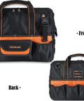 Front and back view of 16 Inch Heavy Duty Tool Bag With 34 Pockets Open Top Organizer For HVAC And Electricians Pro Grade Ballistic Nylon 1680D Tote Built Tough And Ready Workhorse For Daily Shop Jobs Field Service Pros And On The Job Toughness
