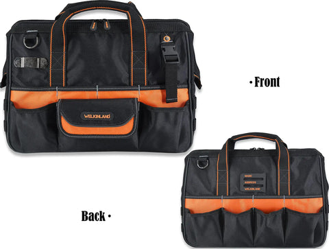 Front and back view of 16 Inch Heavy Duty Tool Bag With 34 Pockets Open Top Organizer For HVAC And Electricians Pro Grade Ballistic Nylon 1680D Tote Built Tough And Ready Workhorse For Daily Shop Jobs Field Service Pros And On The Job Toughness