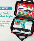 General Medi 309-piece first aid kit in a red reflective bag; open to show organized inner sleeves.