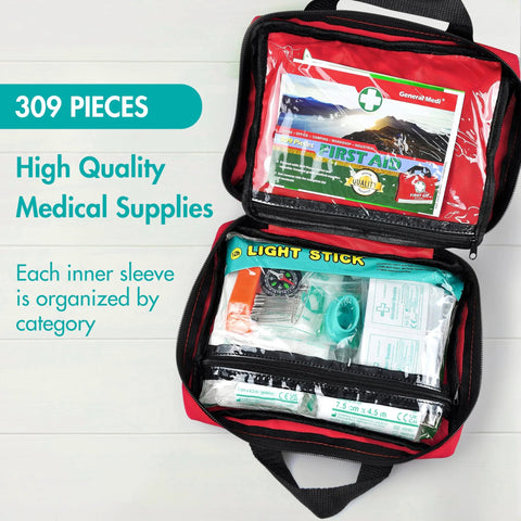 General Medi 309-piece first aid kit in a red reflective bag; open to show organized inner sleeves.