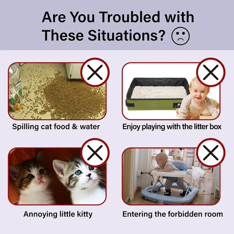Image showing common parenting and pet challenges, highlighting messes and toddler safety concerns.