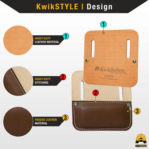 TIKO Tie Wire Reel Pad With Lightweight Leather Hip Pad For Ironworkers Belt Attachment Keeps Wire Close And Reduces Hip Fatigue On Demanding Jobsites, showing two slots, brown leather and stitching details.