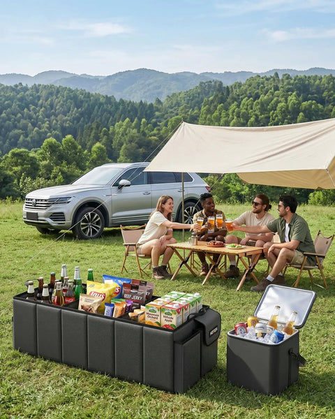 Trunk Organizer With Built In Cooler Bag For Cars And SUVs, Heavy Duty Foldable Storage in use at a picnic with snacks and drinks.