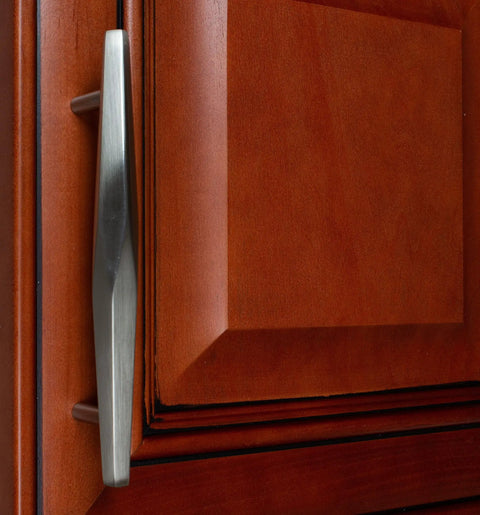 5 Inch Solid Faceted Bar Cabinet Pull Handle in Satin Nickel Finish on wooden cabinet
