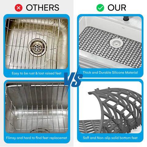 Comparison of 26 By 14 Inch Flexible Silicone Sink Mat With Non Slip Grid and metal sink mats, highlighting durability and design.