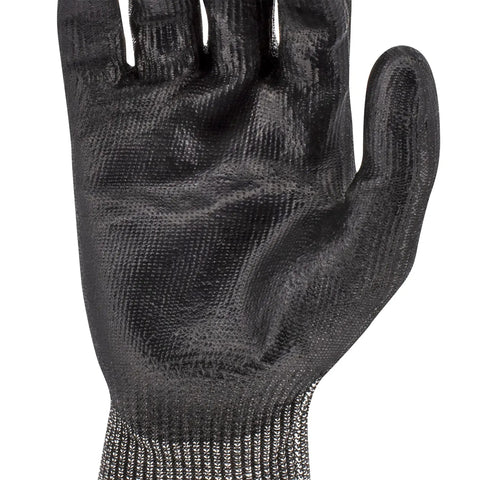 Beefed Up Cut Resistant Work Glove A5 Level with 13 Gauge Nylon HPPE Fiberglass Shell, palm view, PU coating, XL size