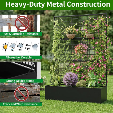 Metal Raised Garden Bed With Built In Trellis And Privacy Screen For Patio 71 Inch By 47.2 Inch By 16 Inch Drainage Holes