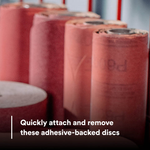 Rolls of Stikit Red Abrasive Sanding Discs No Hole 6 Inch 180 Grit and Higher A Weight Paper Backing for auto sanding projects.