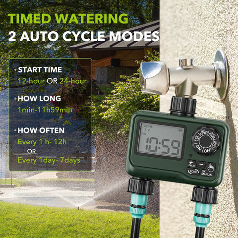 2 Zone Programmable Sprinkler Timer With Rain Delay for lawn irrigation, waterproof controller, large LCD display, hoses connected