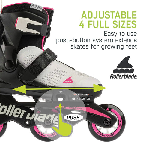 Kid's Adjustable Inline Skates With Lace-Free Closure, Black And Pink, Microblade 3WD Shell shown with size adjustment detail