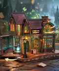 3D Wooden Puzzle Bookstore With LED Lights Spellbound Miniature Kit creating a glowing magical bookshop scene