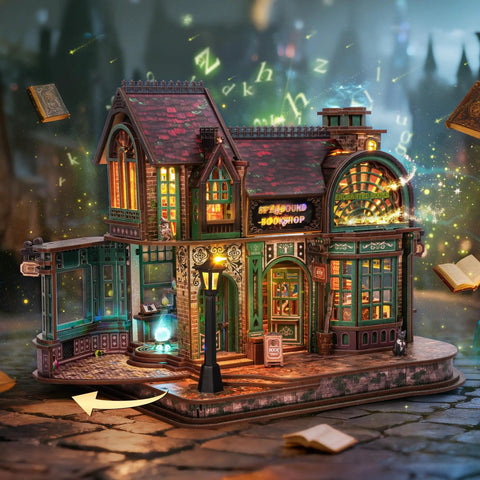 3D Wooden Puzzle Bookstore With LED Lights Spellbound Miniature Kit creating a glowing magical bookshop scene