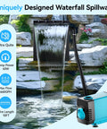 Easy Install Pond Waterfall Spillway Kit With 660 GPH Pump 304 Stainless Steel Waterfall Box With Filtration And Nine Point Eight Foot Corrugated Tubing Outdoor Fountain Kit For Garden Koi Pond Or Backyard in use with water flowing.