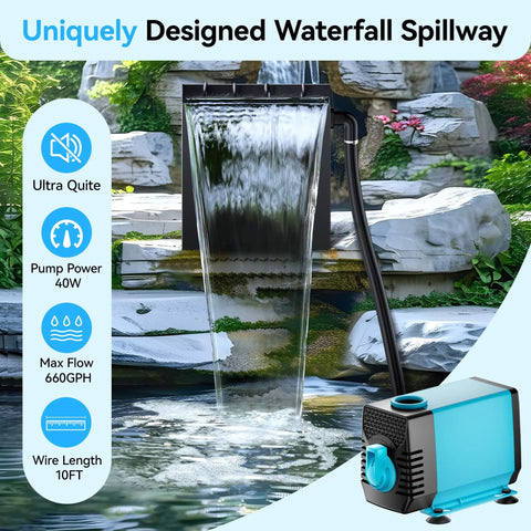 Easy Install Pond Waterfall Spillway Kit With 660 GPH Pump 304 Stainless Steel Waterfall Box With Filtration And Nine Point Eight Foot Corrugated Tubing Outdoor Fountain Kit For Garden Koi Pond Or Backyard in use with water flowing.