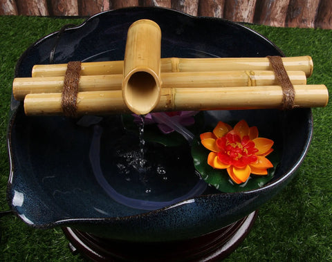 Bamboo Water Fountain With 12 Inch Three Arm Style Pump Not Included For Indoor Or Outdoor Zen Garden Decor in black bowl