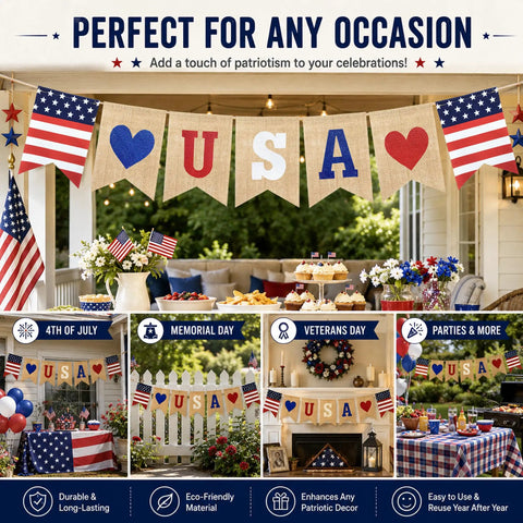 All American Patriotic Burlap Banner Garland For 4th Of July Decor Pre Strung Red White And Blue Flags 5x7 Inch Each 8.2 Rope Independence Day