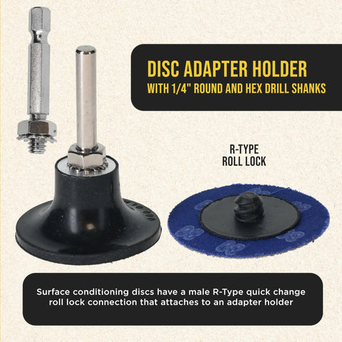 Two Inch Grinding Discs Set With Roll Lock Quick Change Adapter And Backing Pad, Zirconia Coarse Cut Sanding Discs In 36 60 80 Grit, 25 Discs Each - Disc adapter holder with R-type roll lock shown