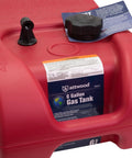 Red EPA Certified Six Gallon Portable Fuel Tank for Boats with vacuum vent valve and cap, label showing capacity and compliance.