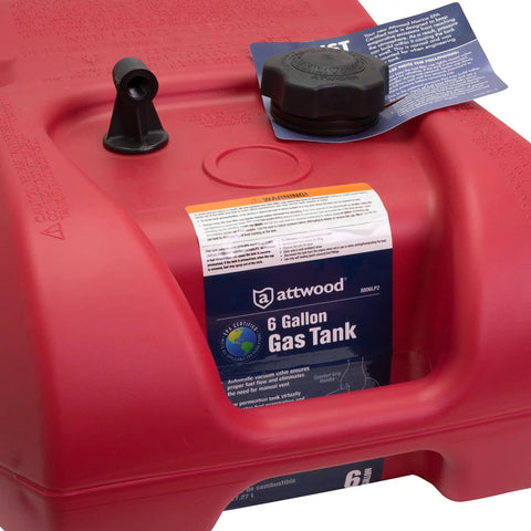 Red EPA Certified Six Gallon Portable Fuel Tank for Boats with vacuum vent valve and cap, label showing capacity and compliance.