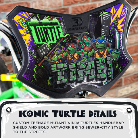 Teenage Mutant Ninja Turtles 16 Inch BMX Bike For Kids Ages 5 To 7 handlebar shield with colorful turtle artwork and text.