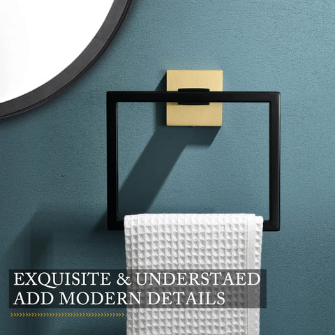 Dope Black And Gold Stainless Steel Towel Ring Wall Mount Square Hand Towel Holder For Bathroom Rust Resistant SUS304 Durable