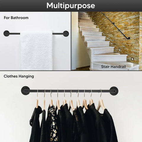Built Tough 10 Foot Wall Handrail For Indoor Stairs Straight Up Heavy Duty Metal Railing Non Slip Matte Black Grab Bar in use with towel and clothes.