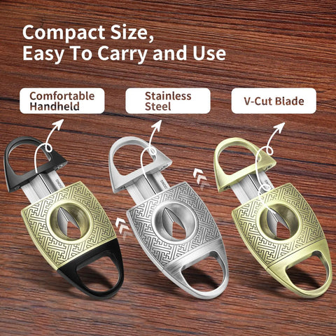 Three V Cut Cigar Cutters with Zinc Alloy Blade and Stainless Steel Guillotine displayed on wooden surface