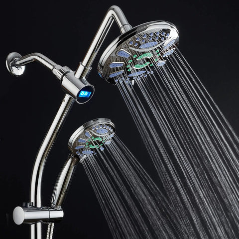 No-Drill 34-Inch Shower Bar With LED Temperature Display, 3-Way Rain And Handheld Shower Head, stainless steel chrome