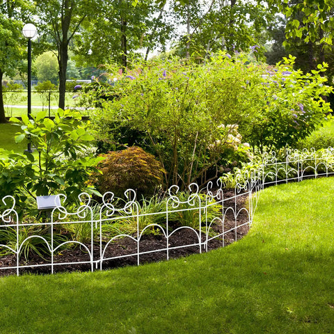 Decorative Garden Fence Border Panel Set 10 Pack With Easy Install No Dig Movable Metal Edging For Flower Beds And Lawns 13 Inch High By 17 Inch Wide 14 Ft Of Outdoor Weather Resistant Yard Borders installed in a garden