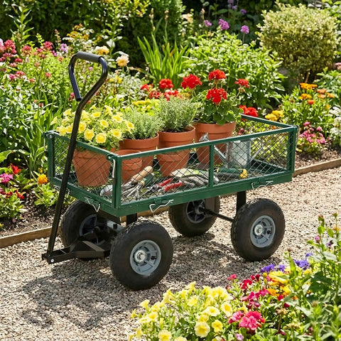 Heavy Duty 500 Lb Capacity Mesh Steel Garden Cart Folding Utility Wagon With Removable Sides Your Go To Beach Lawn Yard And Landscape Workhorse Deep Green carrying potted plants