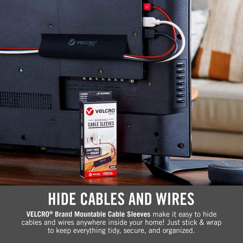 Mountable Cable Sleeve 12 Inch Black on TV setup with box, 2 Pack hides cords in living areas and entertainment centers with adhesive