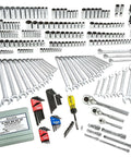 Hardcore Industrial Grip Socket Set With 1/4 Inch And 3/8 Inch And 1/2 Inch Drives Featuring Six And Twelve Point Sae Metric Specs Kickass Chrome Coated Finish Tether Ready For Tough Shop Jobs layout with various sizes and types of sockets and wrenches.