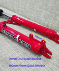 Close-up of 50mm disc brake mount on red 26 Inch Suspension Front Fork With One And One Eighth Inch Headset Disc Brake Ready Aluminum Triple Tree