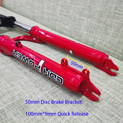 Close-up of 50mm disc brake mount on red 26 Inch Suspension Front Fork With One And One Eighth Inch Headset Disc Brake Ready Aluminum Triple Tree