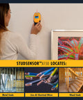 Person using Stud Finder And Wall Scanner With Wire Warning Detection And Signal Strength indoors on wall