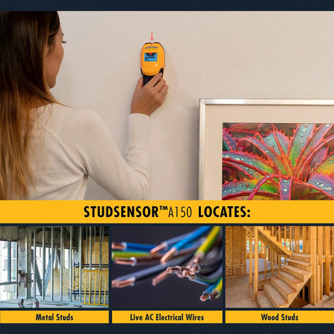 Person using Stud Finder And Wall Scanner With Wire Warning Detection And Signal Strength indoors on wall