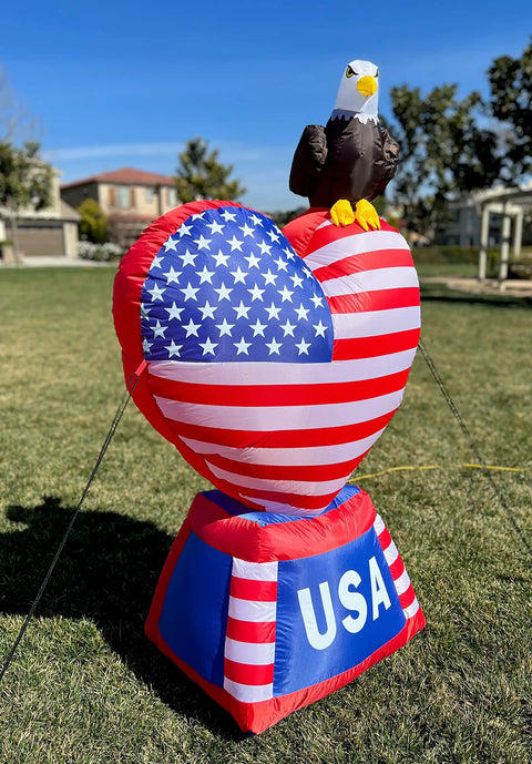 5 Foot Tall Patriotic Inflatable Love Heart With American Flag And Bald Eagle Pre Lit LED Lights Outdoor Indoor Lawn Yard Decor